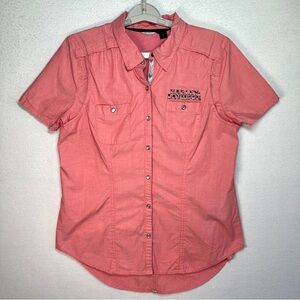 Harley Davidson Pearl Snap Top Women's L Salmon Pink Short Sleeve Vented Biker
